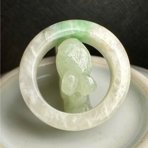 Size 4.75 natural Burma green and white bicolor Jadeite Jade ring 4.3x3.7mm